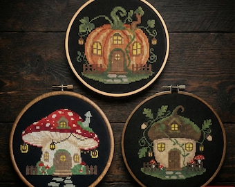 Conjunto de patrones de punto de cruz de cabaña del bosque (PDF), casa de hongos, casa de calabazas, casa de bellotas, conjunto de cabaña de hadas, bordado Cottagecore