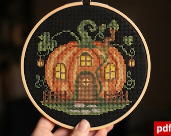 Pumpkin House Cross Stitch Pattern PDF, Cozy Autumn Pumpkin Home, Cottagecore Embroidery, Fall Cross Stitch Design