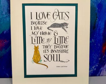 Caligrafía "Me encantan los gatos" de Sandy Kiess, cita de Jean Cocteau, dibujo vintage de 1997, regalo de inauguración para amantes de los gatos.