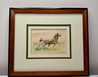Litografía en acuarela firmada de carreras de caballos de tiro francesas, arte de pared enmarcado vintage de mediados de siglo, casa de campo o cabaña