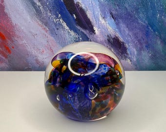 Robert Held Signed Art Glass Orb Paperweight, Hand Made in Canada, Colorful Desk & Office Decor RHAG