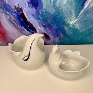 Two Dansk Flora Dove Birds Serving Bowls or Planters White Porcelain Made In Japan Minimalist
