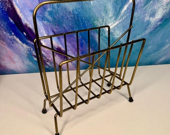 Servilletero de metal dorado, soporte para libros y medios, soporte para discos de vinilo, organizador de correo: Estilo vintage MCM retro de los años 60 minimalista.