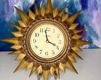 Reloj de pared Celestial Sunburst de Seth Thomas, Sol y Luna, Oro Metálico, Decoración de Pared Cosmic Boho de los 90 Whimsigoth