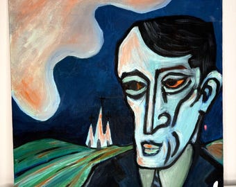 Monumentale ritratto originale su tela, espressionista astratto ispirato a Picasso, eclettico, strano, inquietante