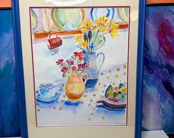 Acuarela original de una cocina de los años 90, bodegón vintage firmado y enmarcado, decoración de pared para comedor de estilo cottagecore.