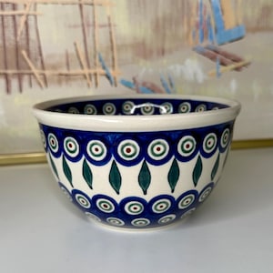 Polish Pottery Mixing & Serving Bowl, Blue Green Peacock Leaves, Boleslawiec Poland Zaklady