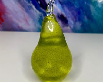 Handmade Glass Pear Paperweight, Signed by Artist Art Glass, Vintage MCM Green Glass Fruit