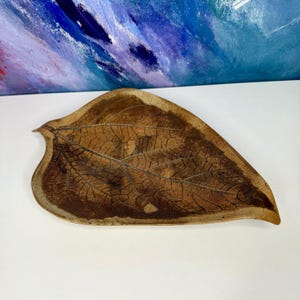 May include: A ceramic tray shaped like a large leaf with a pointed tip and a stem at the base. The surface features a dark brown, mottled glaze with a detailed, impressed vein pattern throughout the centre and edges of the leaf-shaped dish.