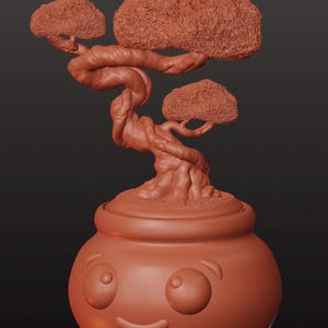 May include: A terracotta-colored bonsai tree sculpture with a whimsical design. The tree features a twisted trunk and three rounded, textured foliage sections. The pot has a smiling face, adding a playful touch to the miniature tree.