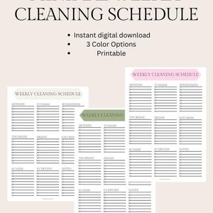 Op de afbeelding: Een afdrukbaar wekelijks schoonmaakschema met een minimalistisch ontwerp. Het schema bevat secties voor elke dag van de week, met ruimte voor notities. De tekst "MINIMAL WEEKLY CLEANING SCHEDULE" staat bovenaan. De afbeelding vermeldt ook "Directe digitale download" en "3 Kleuropties".