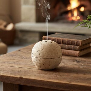 May include: A beige, spherical incense burner with a textured surface, emitting a wisp of smoke. The burner sits on a rustic wooden table, with a fireplace and books in the background. A cozy home decor item.