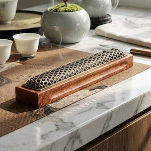 Wooden Incense Holder, 24.5 cm Rosewood Coil Burner with Golden Rattan Pattern