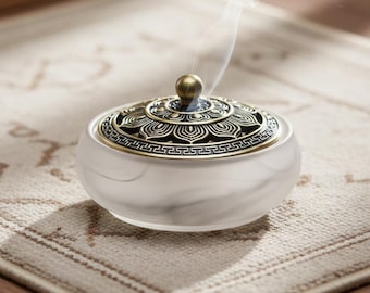 Quemador de incienso con base luminosa - Decoración de escritorio de vidrio con arte de tinta china - Ceremonia del té