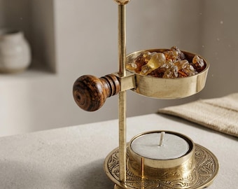 Incense Burner – Brass Dual-Use Wooden Base Adjustable for Frankincense and Aromatherapy Gift