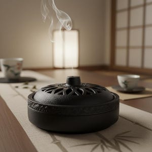 Può includere: Un bruciatore di incenso nero con un motivo floreale sul coperchio e motivi decorativi attorno alla base. Volute di fumo si alzano dal bruciatore, suggerendo l'uso di incenso. Il bruciatore è posto su un runner beige, con tazze da tè sullo sfondo.