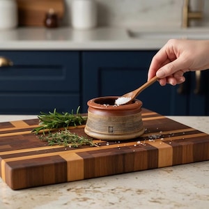May include: A round, brown ceramic salt cellar with horizontal ribbed detailing and a small maker's mark, accompanied by a wooden spoon filled with white salt crystals, resting on a rectangular wooden cutting board with rosemary and thyme sprigs.