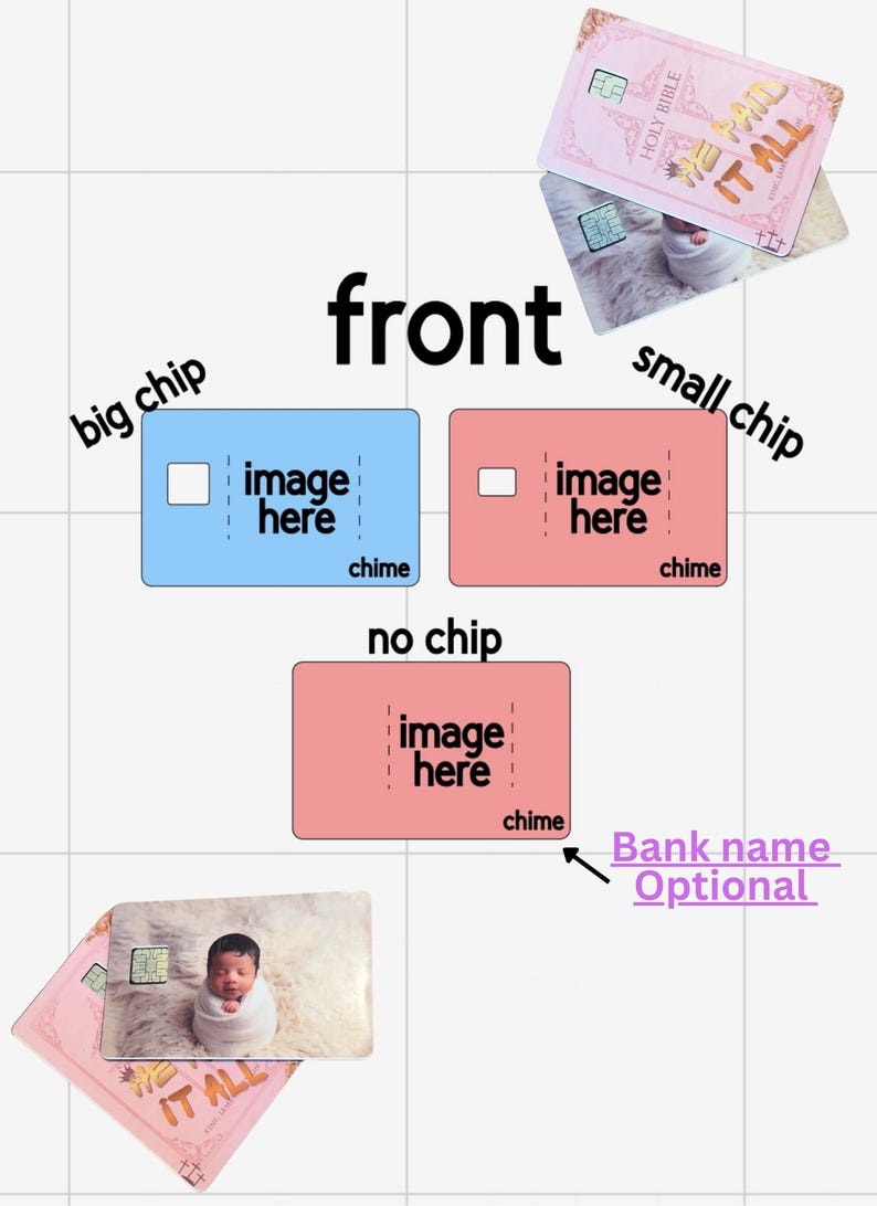 May include: A guide showing card customization options with labels for front, big chip, small chip, and no chip. Three rectangular card templates in blue and pink are displayed with text placeholders, alongside two example cards featuring a baby photo.
