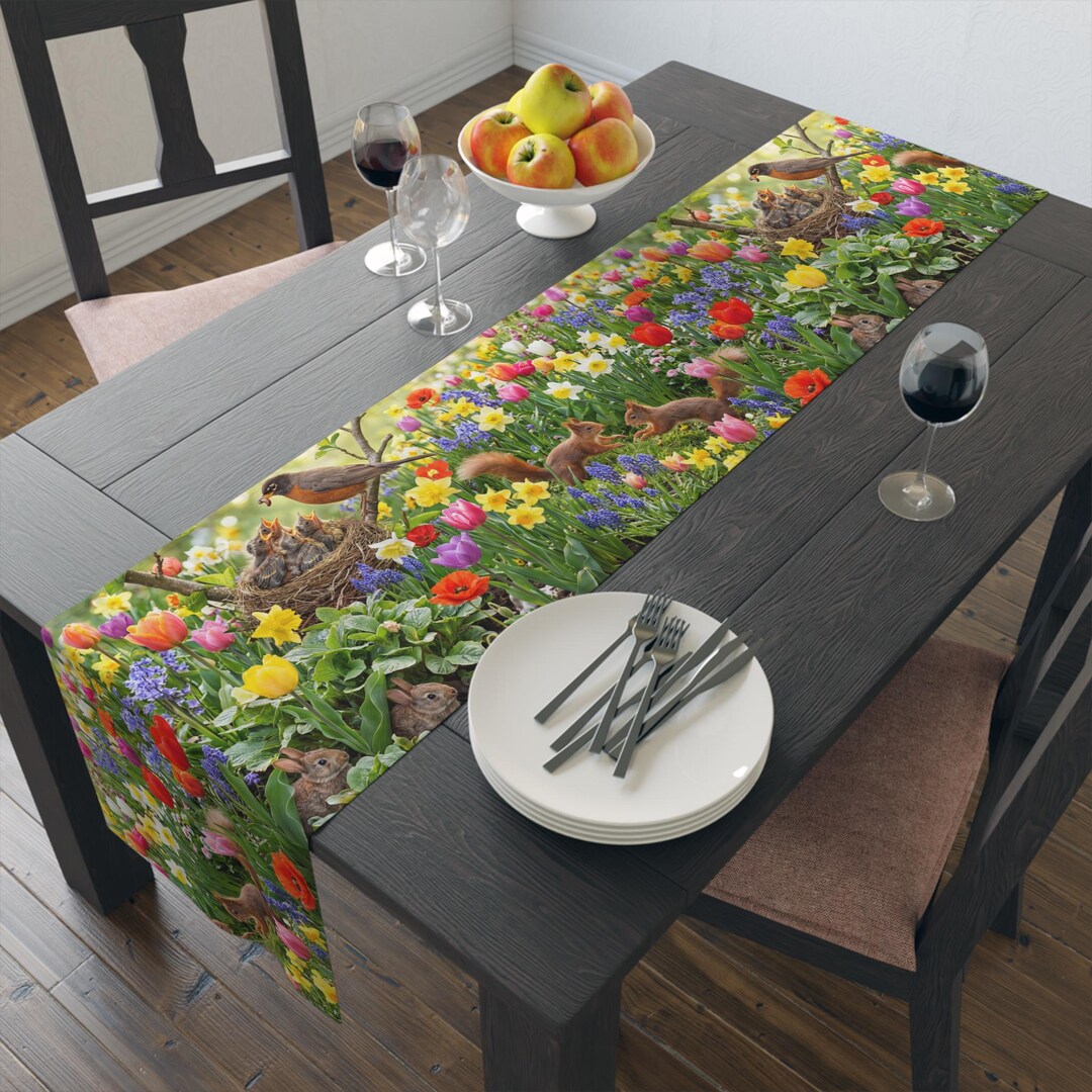 Spring Garden Birds Table Runner / Floral Tulip & Daffodil Dining Decor ...