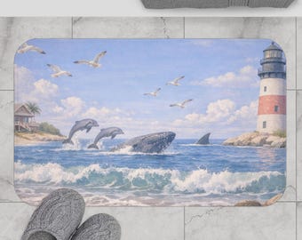 Alfombrilla de baño con faro y delfines / Escena de olas del océano costero