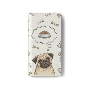 May include: A beige wallet featuring a cartoon pug dog with a thought bubble showing a bowl of dog food. The wallet is decorated with scattered bone illustrations.