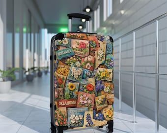 USA State Map Collage with State Flowers Suitcase