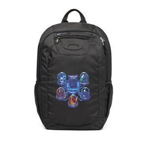 May include: A black backpack featuring a top handle, two side mesh pockets, and a front zippered compartment. The centre of the bag displays a graphic print with the text Computer Science surrounded by five circular icons in blue and purple tones.