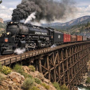 May include: A black Union Pacific steam locomotive numbered 4014 pulling a long freight train across a tall wooden trestle bridge. The engine emits thick black smoke into the sky while traveling through a rocky, mountainous landscape.