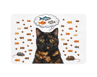 Tortoiseshell Cat Thinking of Fish Pet Food Mat | 12x18