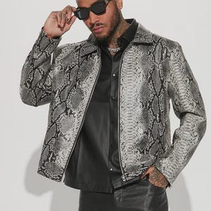 Men's Snake Print Leather Jacket – Python Embossed Biker Coat