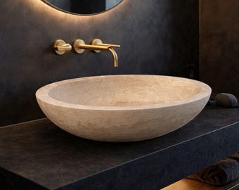 Handcrafted Travertine Marble Sink, Oval Rustic Bathroom Vessel