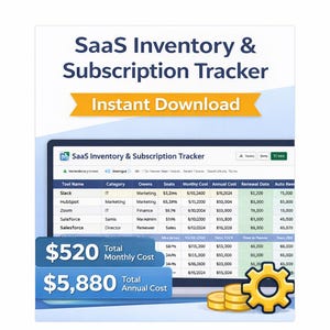 Könnte beinhalten: Eine digitale Grafik, die einen SaaS-Bestands- und Abonnement-Tracker bewirbt. Das Bild zeigt einen Computerbildschirm mit einer Tabelle mit Finanzdaten, einem Zahnradsymbol und dem Text "Sofort-Download."