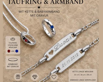 Taufring mit Kette & Babyarmband mit Gravur | Personalisiertes Taufgeschenk Junge Mädchen | Taufset Silber | Geschenk zur Taufe Geburt