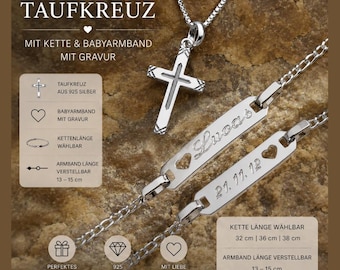Taufkreuz mit Kette & Babyarmband mit Gravur | Personalisiertes Taufgeschenk Junge Mädchen | Silber Kreuzanhänger | Geschenk zur Taufe