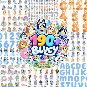 May include: A digital collection of Bluey character graphics featuring over 190 PNG files. The central circular emblem displays the text 190+ BLUEY PNG BUNDLE surrounded by various cartoon dog characters, numbers, and alphabet letters in blue and orange.