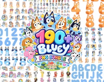 May include: A digital collection of Bluey character stickers featuring over 190 PNG files, including blue and orange numbers, blue letters, and various animated dog characters. The central graphic displays the text 190+ BLUEY PNG BUNDLE.