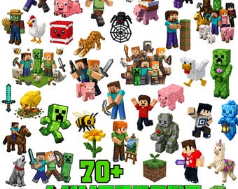 Paquete PNG de Minecraft, imágenes prediseñadas de juegos de píxeles, personajes de juegos de bloques, herramientas de creación, PNG de cumpleaños para gamers, descarga digital