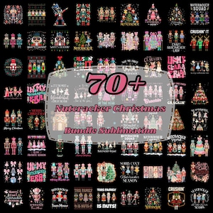 Könnte beinhalten: Eine digitale Sammlung von über 70 Nussknacker-Weihnachts-Sublimationsdesigns mit verschiedenen Nussknackerfiguren, Balletttänzern, Weihnachtsbäumen und festlichem Text auf schwarzem Hintergrund, einschließlich der Phrase Nutcracker Squad.