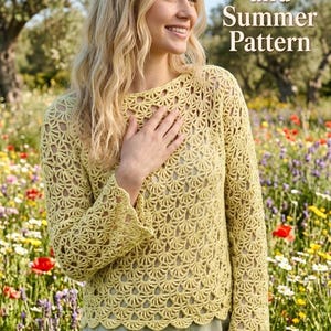 May include: A pale yellow long-sleeve crochet sweater featuring a repeating fan-like openwork pattern, a round neckline, and a scalloped hem. The text "Spring and Summer Pattern" is visible in the upper right corner of the image.