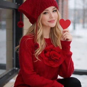 Könnte beinhalten: Eine rote Strickmütze mit Bommeln und ein passender roter Pullover mit einem großen Blumenakzent. Die Person hält einen roten Herz-Ausschnitt. Das Outfit wird mit einer schwarzen Hose getragen. Die Szene spielt sich im Freien in einer verschneiten Umgebung ab.