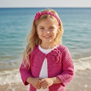 May include: A pink crocheted cardigan with a matching headband, both adorned with flower accents. The cardigan has a button closure and is worn over a white shirt. The girl is smiling in front of a beach background.