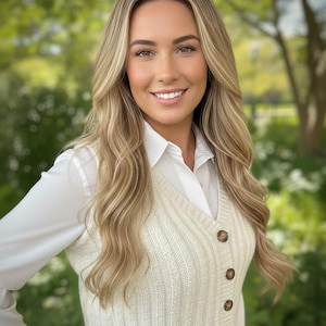 May include: A woman with long, wavy blonde hair smiles, wearing a white collared shirt under a cream-colored knitted vest with brown buttons. The background is a soft, blurred green.