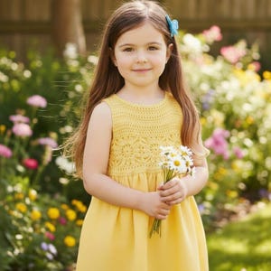 Puede incluir: Una niña con un vestido amarillo sin mangas con un corpiño de ganchillo, sosteniendo un ramo de margaritas blancas. Tiene el pelo largo castaño con una pinza de pelo de mariposa azul. El fondo es un jardín floral.