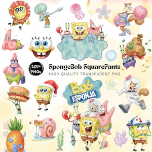 Puede incluir: Una colección de ilustraciones digitales de Bob Esponja con varios personajes como Bob, Patricio, Arenita, Calamardo, Don Cangrejo, Plankton y Gary. El conjunto incluye más de 120 archivos PNG con el texto SpongeBob SquarePants y Bob Esponja.