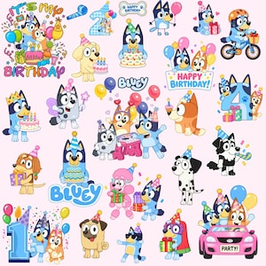 May include: A collection of colorful cartoon stickers featuring Bluey characters in birthday themes, including cakes, balloons, presents, party hats, and the text "IT'S MY BIRTHDAY", "HAPPY BIRTHDAY", "BLUEY", and "PARTY" on a pink background.