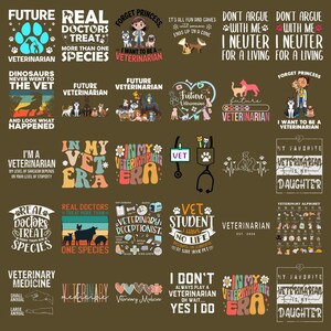 Puede incluir: Una colección de varios diseños con temática veterinaria sobre un fondo marrón. Los diseños incluyen texto como "Futuro Veterinario", "Los verdaderos médicos tratan a más de una especie" y "Quiero ser veterinario". Los diseños presentan huellas de patas, animales y símbolos médicos.