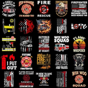Puede incluir: Una colección de veinticinco diseños gráficos con temas de bomberos, que incluyen camiones de bomberos, banderas estadounidenses con líneas rojas, emblemas de departamentos de bomberos, cascos, hachas y varios lemas como Wee Woo Squad e I Put Out.