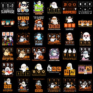 May include: A collection of thirty-five distinct graphic designs featuring cartoon ghosts and periodic table elements. Each design incorporates the text BOO, referencing the element of surprise, with various laboratory glassware, pumpkins, and bats.