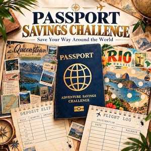 May include: A Passport Savings Challenge kit featuring a dark blue passport-style booklet, a Queenstown New Zealand travel page, a Rio Brazil savings tracker with circular slots, a deposit slip, and a flight log, all arranged with travel-themed graphics.
