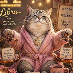 Libra Cat, Overthinking but Looking Cute, Zodiac Personality Art, Emotional Support Cat Printable, Cozy Astrology Gift